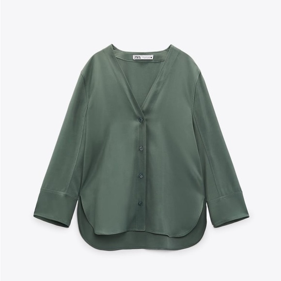 NWT ZARA GREEN FLOWY BUTTONED BLOUSE & FLUID PAJAMA PANTS COORD MATCHING SET XS - Picture 8 of 10